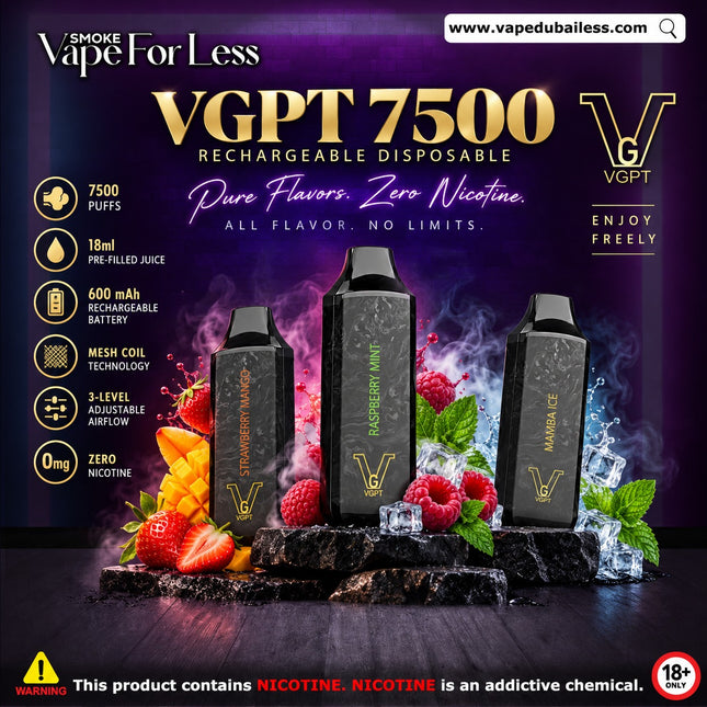 VGPT Zero Nicotine Disposable Vape 7500 Puffs – 0mg Rechargeable Fast Vape Delivery in UAE 